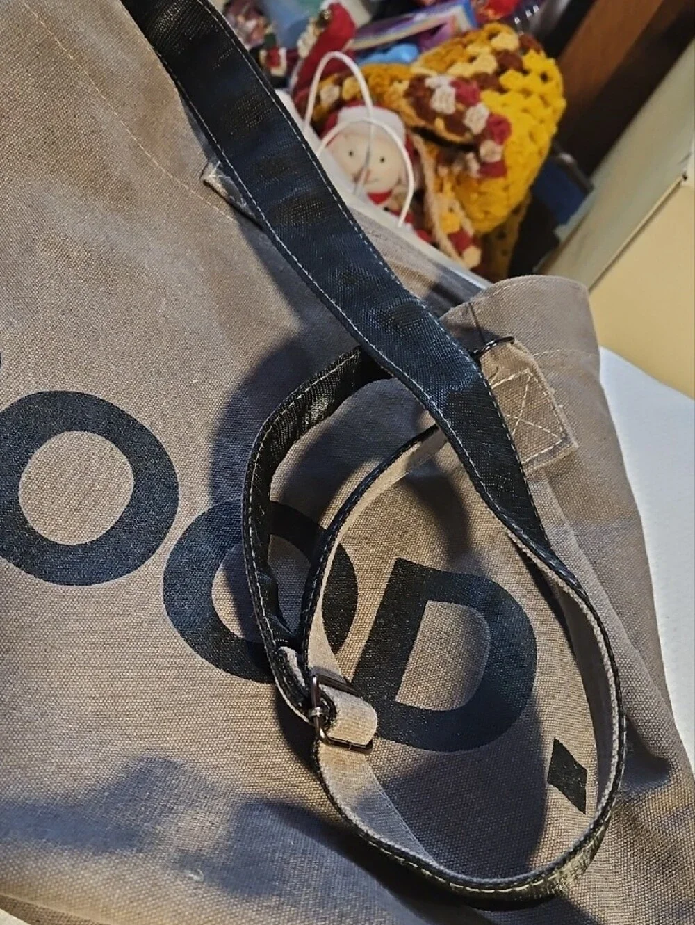 Canvas Shoulder Tote Bag in Brown with 'GOOD' Print